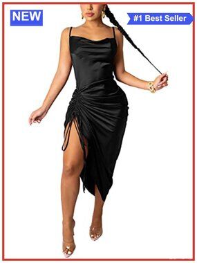 Womens Satin Spaghetti Strap Dress Sexy Backless Ruched Side Slit Maxi Bodycon